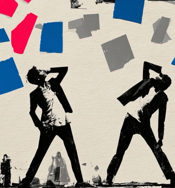 Ilustración en collage de dos jóvenes haciendo poses frente a una multitud, bajo recortes azules, magenta y grises.