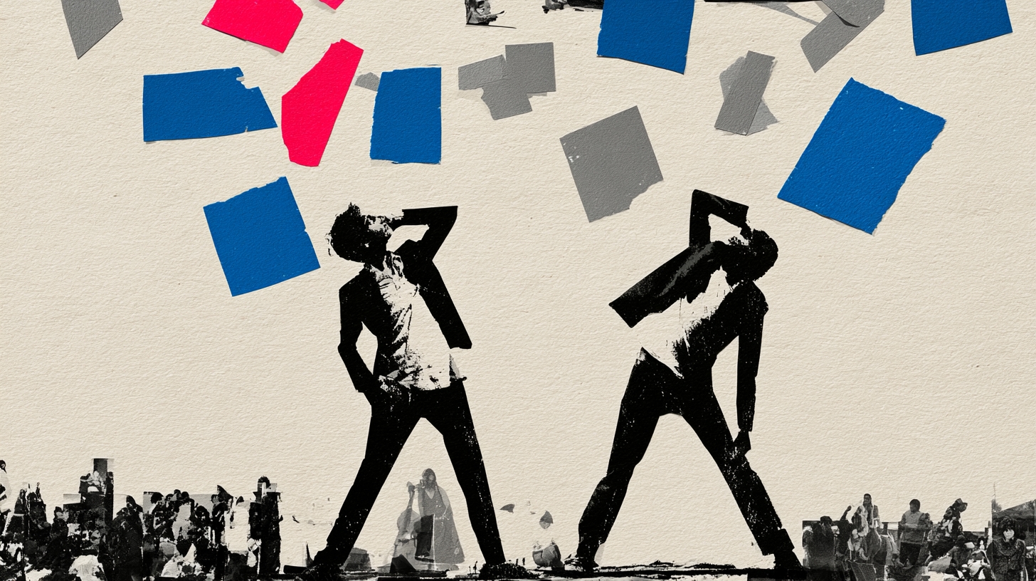 Ilustración en collage de dos jóvenes haciendo poses frente a una multitud, bajo recortes azules, magenta y grises.